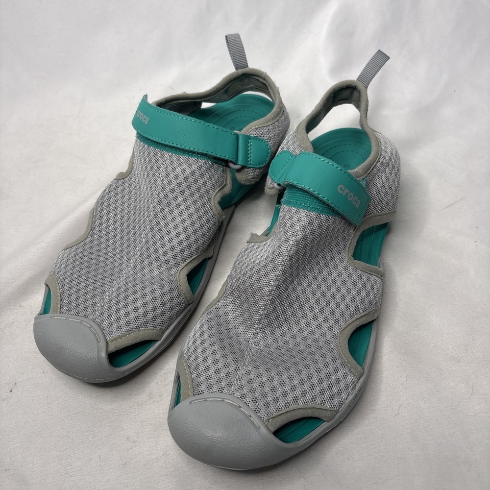Crocs Swiftwater Mesh Deck Sandals Women's 10 Gray Teal Gorpcore Sporty Casual